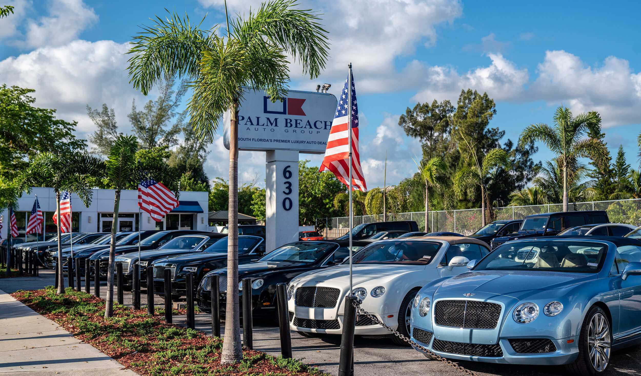 Exterior image of Palm Beach Auto Group dealership: line of cars with flags & palm trees.
